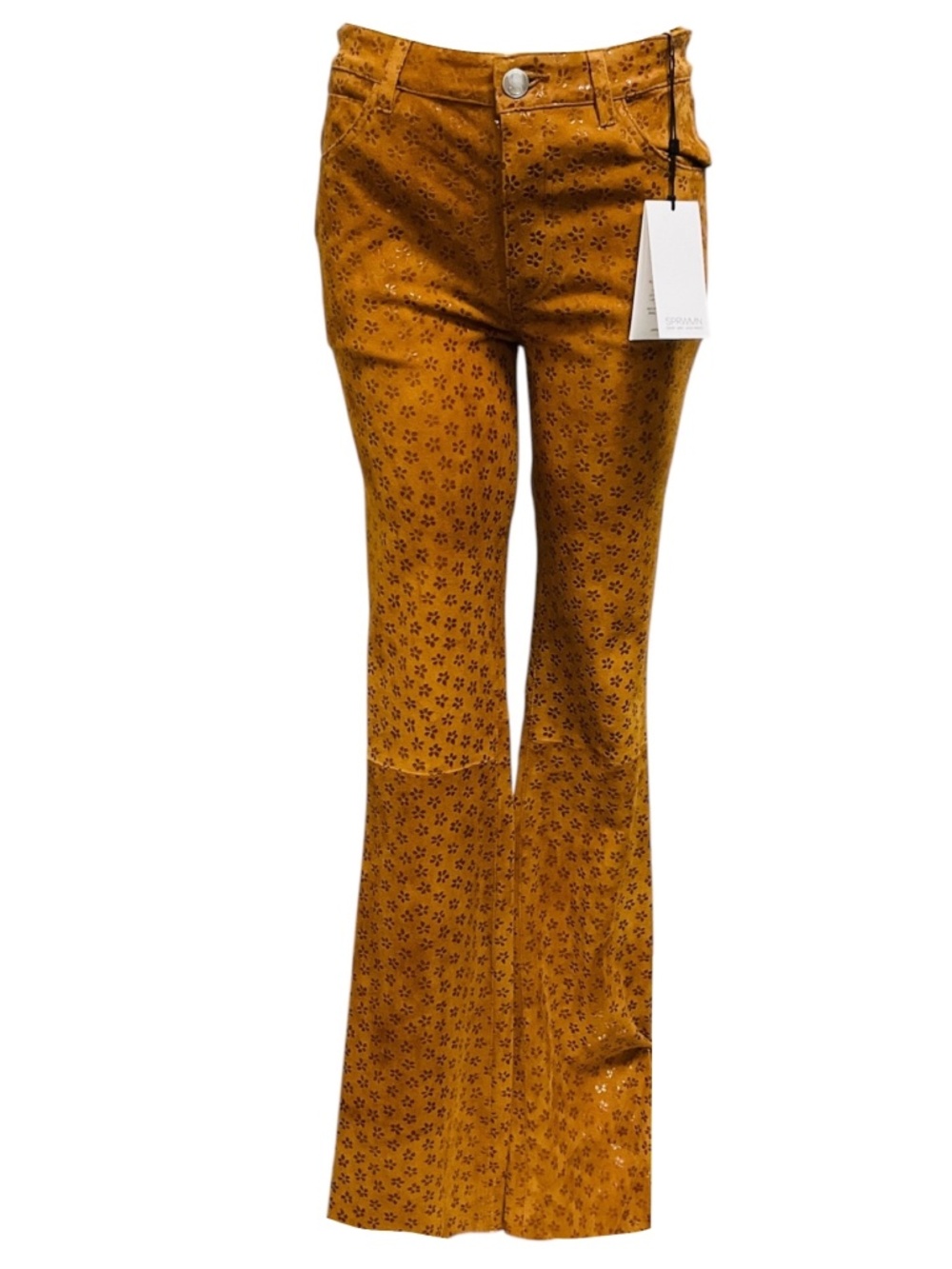 SPRWMN COGNAC FLOWER FIVE POCKET SUEDE MICRO FLARE PANTS